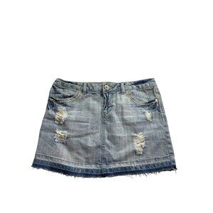 Vintage Y2K Mudd Juniors Distressed Denim Mini Skirt 5 Light Wash Blue Raw Hem